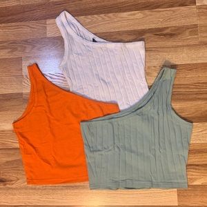 shein | selling all 3 together | white + orange + green | one shoulder crop | S